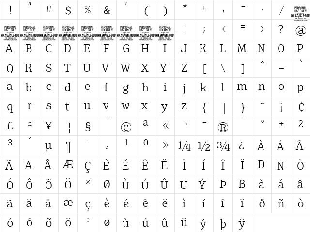 Isle Body PERSONAL USE Light  glyph index