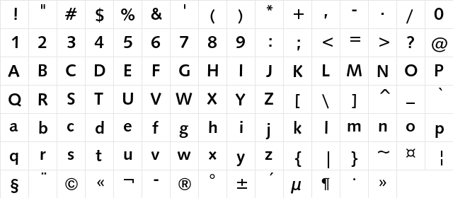 Humanist531C BT Bold  glyph index