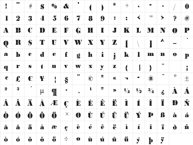 BodoniSpider Regular  glyph index