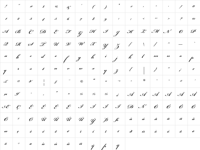 Bickham Script Std Bold  glyph index