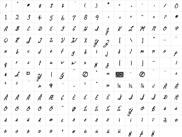 CarolinesHand Bold  glyph index