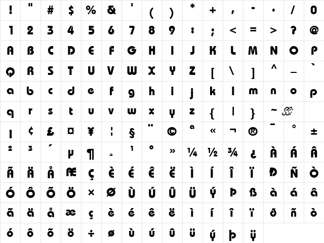 Dyname Black SSi Bold  glyph index