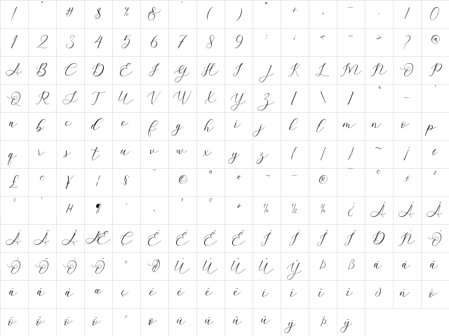 Amstella Regular  glyph index