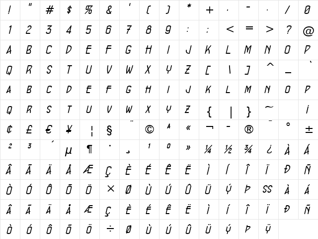 ConcursoModerne BTN Oblique  glyph index
