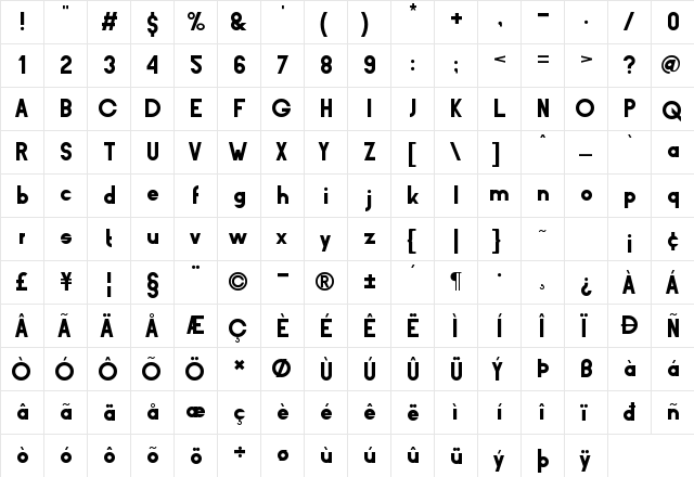 BarQ Bold Regular  glyph index