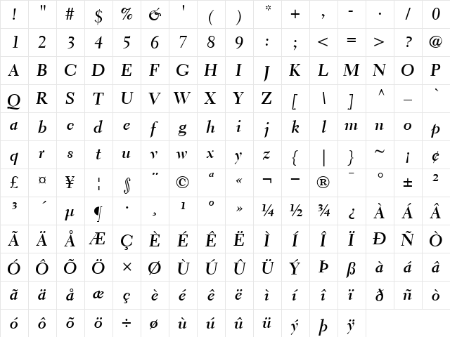 ElectraLHCursive BoldItalic  glyph index