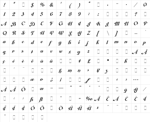Cabarga Cursiva Plain  glyph index