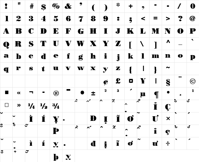 VNI-Bodon-Poster Extra Bold  glyph index