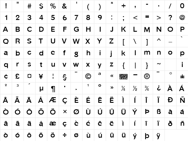 Phinster Bold  glyph index