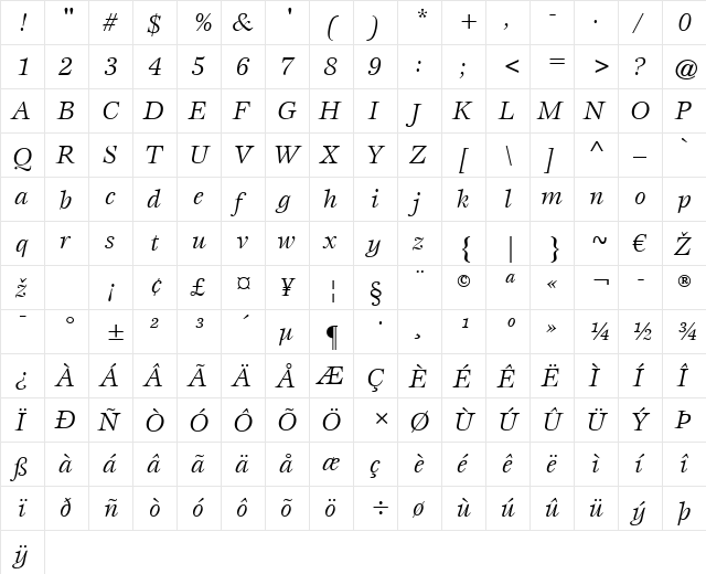 Esprit LT Book Italic  glyph index