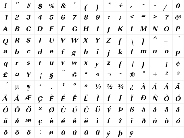 URWImperialTExtBolWid Oblique  glyph index