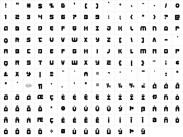 Laser Corps Condensed Regular  glyph index