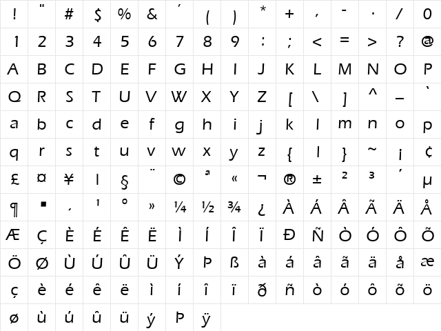 ErieLight Bold  glyph index