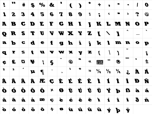 RockneyLeftyExtrabold Regular  glyph index