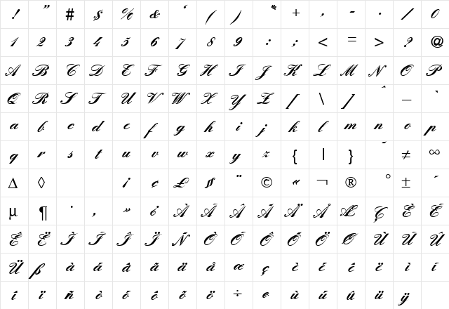 ElegantHandOneHeavy Regular  glyph index