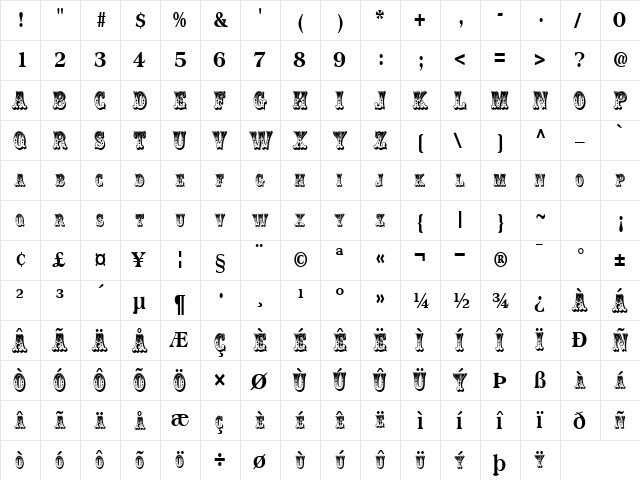 ClowningWayText Regular  glyph index