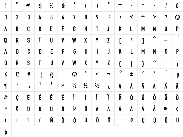 DENIAL Regular  glyph index