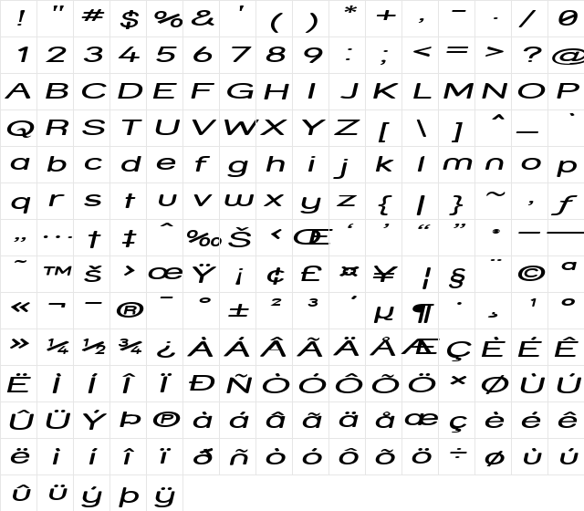 Street - Expanded Italic  glyph index