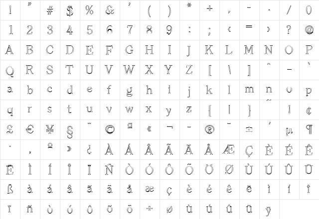 ChristianBeckerOutline-ExLight Regular  glyph index