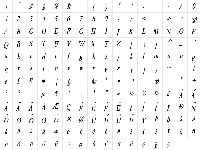 Transit 2 Condensed BoldItalic  glyph index