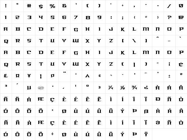 Kreature Kombat Condensed Condensed  glyph index