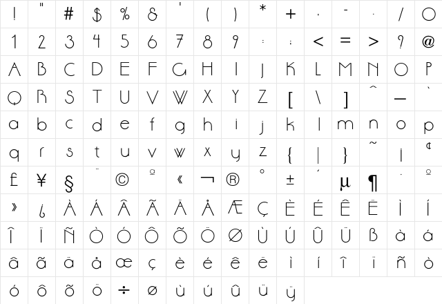 Aase Font  glyph index