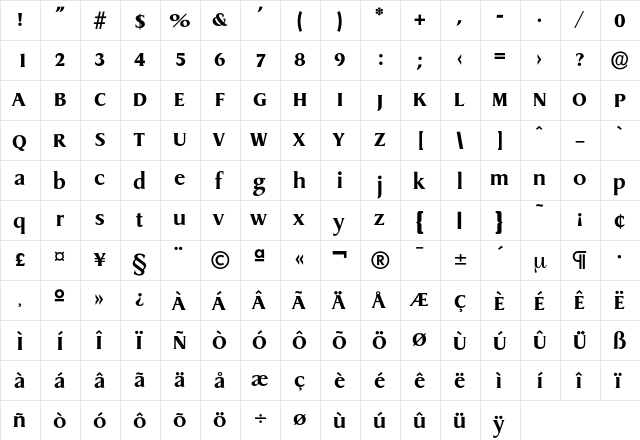 Dragon-Bold Regular  glyph index