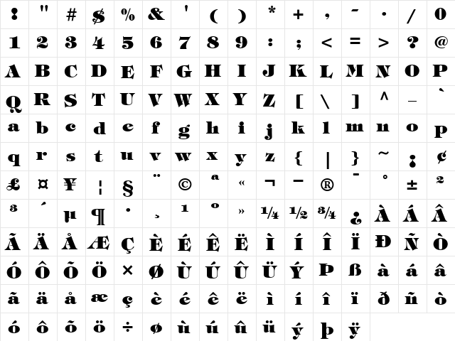 ITCTiffany-Heavy Heavy  glyph index