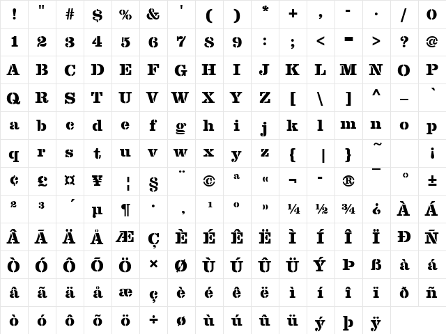 ClarendonSteDExtBol Regular  glyph index