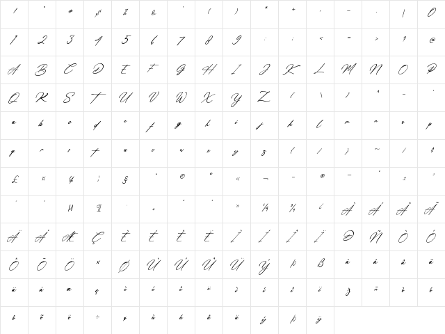 Amsterdam Signature Italic Regular  glyph index
