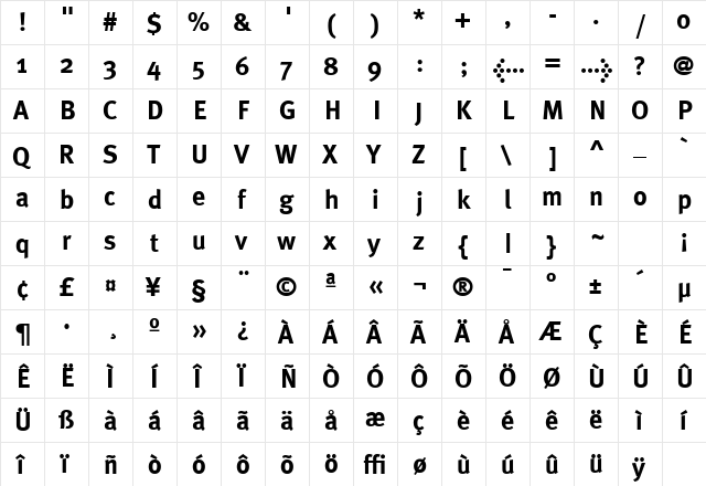 MetaPlusBold Roman  glyph index