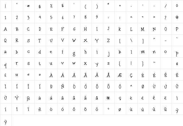 Zulfa Notes Regular  glyph index