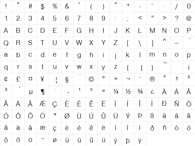NimbusSanPLig Regular  glyph index