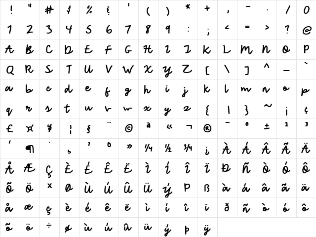 Yay Babe Regular  glyph index