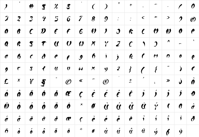 Red Dragons Italic Regular  glyph index