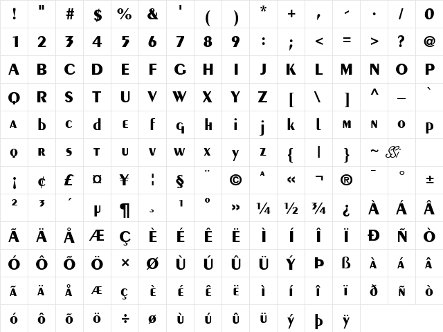 Creme Black SSi Bold  glyph index