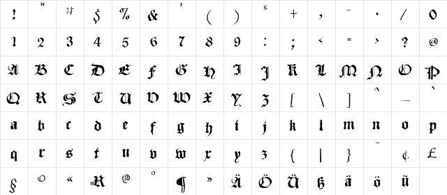 SketchedCassiusBroken Regular  glyph index