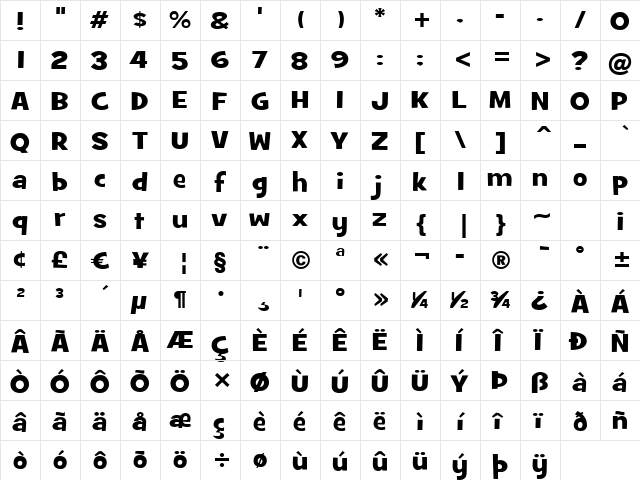 GrilledCheese BTN Wide Regular  glyph index