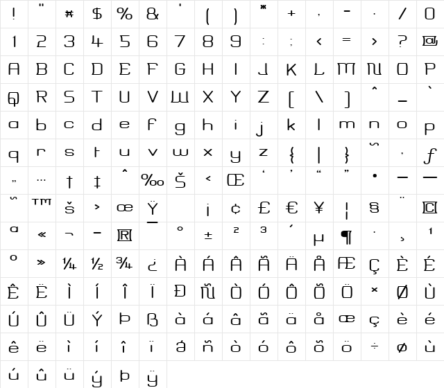 Erinal Wide Regular  glyph index