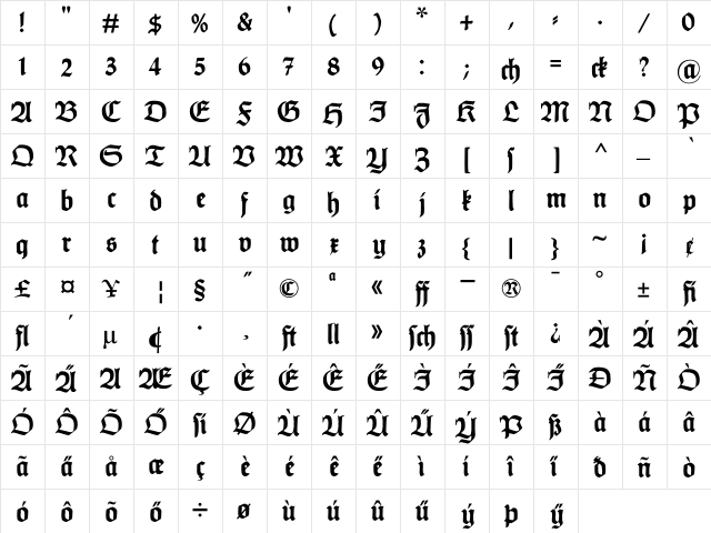 HumboldtFraktur Bold  glyph index