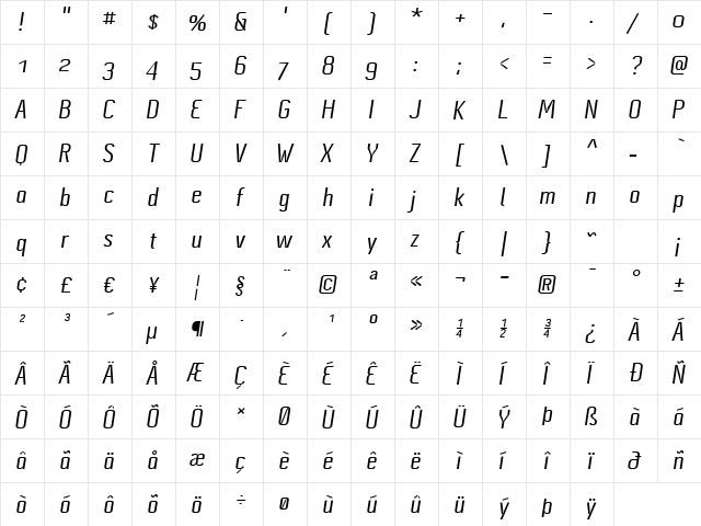 Cynapse Pro OSF BoldItalic  glyph index