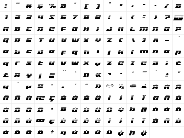Turbo Charge Halftone Italic Italic  glyph index