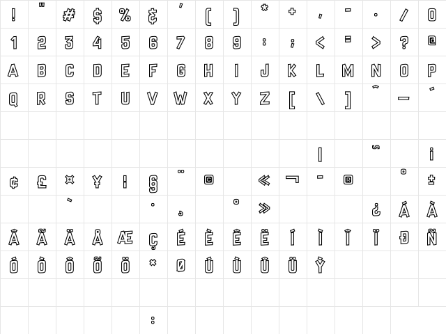 Crazy Sixties Hollow Regular  glyph index
