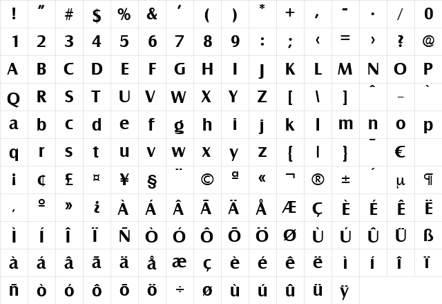 Salzburg-DemiBold Regular  glyph index