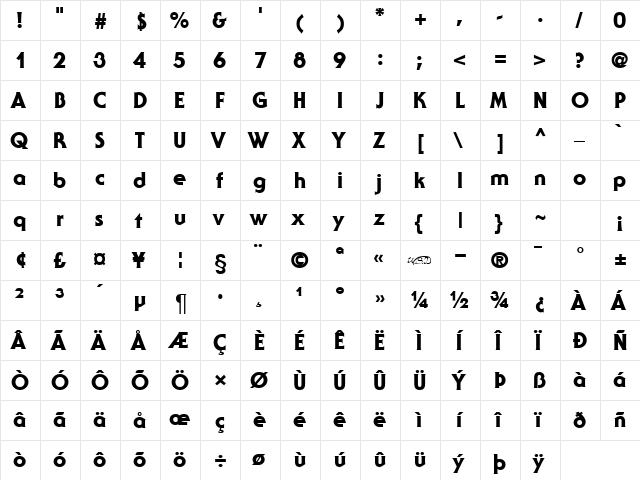 Staid Gothic Heavy Regular  glyph index