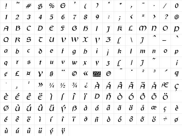 Gaelic Italic  glyph index