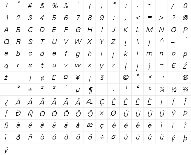 Univers LT 45 Light Italic  glyph index