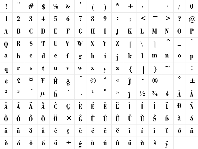 BauerBodni BdCn BT Eo Bold  glyph index