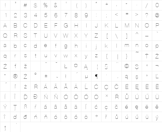 NimbusSanDEEUltLig Regular  glyph index