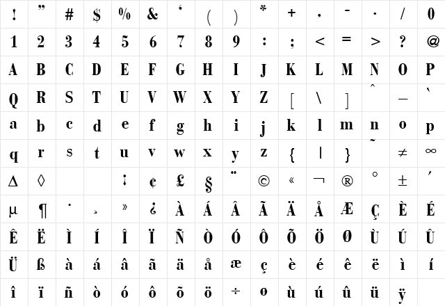 BodoniRecutCondMedium Regular  glyph index